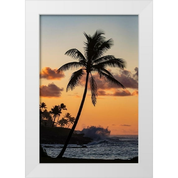 Haney, Chuck 13x18 White Modern Wood Framed Museum Art Print Titled - Coconut palm trees silhouetted against vivid sunrise clouds at Poipu Beach in Kauai-Hawaii-USA