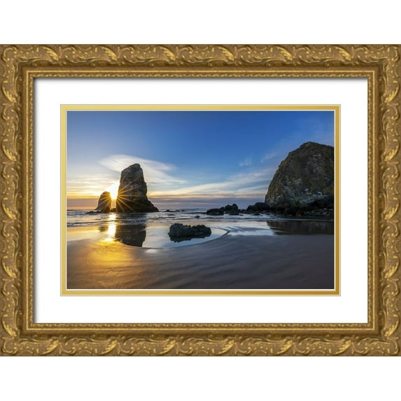 Haney, Chuck 14x11 Gold Ornate Wood Framed with Double Matting Museum Art Print Titled - Haystack Rock Pinnacles at low tide in Cannon Beach-Oregon-USA