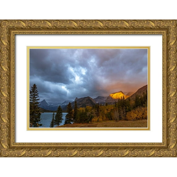 Haney, Chuck 14x11 Gold Ornate Wood Framed with Double Matting Museum Art Print Titled - Shoulder of Mount Cleveland bathed in golden sunrise light in Glacier National Park-Montana-USA