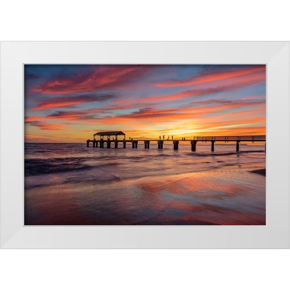 Haney, Chuck 14x11 White Modern Wood Framed Museum Art Print Titled - Vivid sunrise clouds silhouette Waimea Pier with Niihau Island in distance in Kauai-Hawaii-USA
