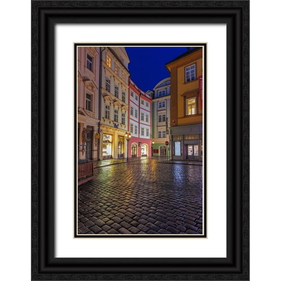 Haney, Chuck 17x24 Black Ornate Wood Framed with Double Matting Museum Art Print Titled - Narrow wet cobblestone streets in Old Town in Prague-Czech Republic