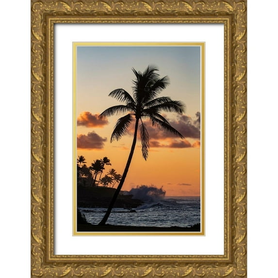 Haney, Chuck 17x24 Gold Ornate Wood Framed with Double Matting Museum Art Print Titled - Coconut palm trees silhouetted against vivid sunrise clouds at Poipu Beach in Kauai-Hawaii-USA