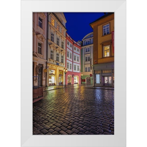 Haney, Chuck 23x32 White Modern Wood Framed Museum Art Print Titled - Narrow wet cobblestone streets in Old Town in Prague-Czech Republic