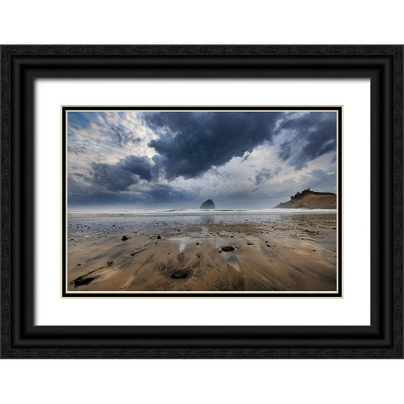 Haney, Chuck 24x17 Black Ornate Wood Framed with Double Matting Museum Art Print Titled - Storm clouds at low tide on beach at Cape Kiwanda in Pacific City-Oregon-USA
