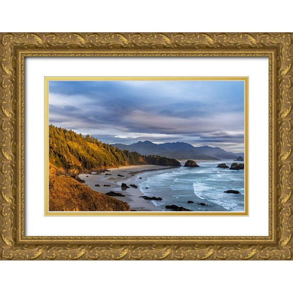 Haney, Chuck 24x17 Gold Ornate Wood Framed with Double Matting Museum Art Print Titled - Crescent Beach at Ecola State Park in Cannon Beach-Oregon-USA