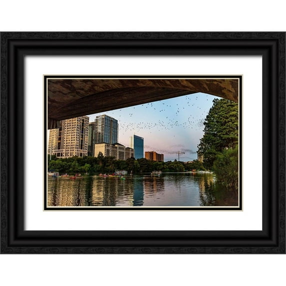 Haney, Chuck 32x23 Black Ornate Wood Framed with Double Matting Museum Art Print Titled - Mexican free tailed bats fly from the Congress Street Bridge at dusk in Austin-Texas-USA
