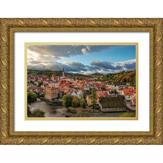 Haney, Chuck 32x23 Gold Ornate Wood Framed with Double Matting Museum Art Print Titled - Looking down onto the village of Cesky Krumlov-Czech Republic