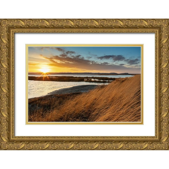Haney, Chuck 32x23 Gold Ornate Wood Framed with Double Matting Museum Art Print Titled - Sunset skies at Freezeout Lake Wildlife Management Area near Choteau-Montana-USA