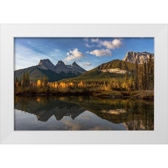 Haney, Chuck 32x23 White Modern Wood Framed Museum Art Print Titled - Three Sisters reflect into pool in Canmore-Alberta-Canada