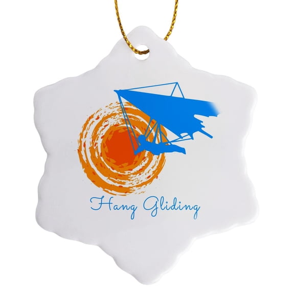 3drose, Hang Gliding Text, Large Orange Sun, a Pilot in the Sky, on White, 3 inch Snowflake Porcelain Ornament