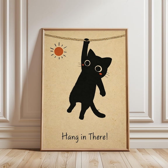 Hang In There Black Cat Wall Art Print, Unframed Paper Poster 8x10in