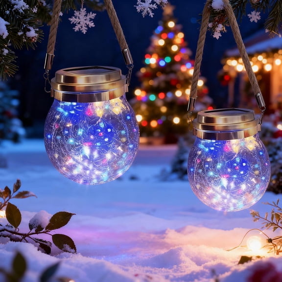 Hang Outdoor Solar Lights Waterproof, 2 Pack 30LED Cracked Glass Ball Decorative Lanterns, Solar Powered Landscape with Handle for Yard Patio Fence House Holiday Decor, Birthday Gift for Women