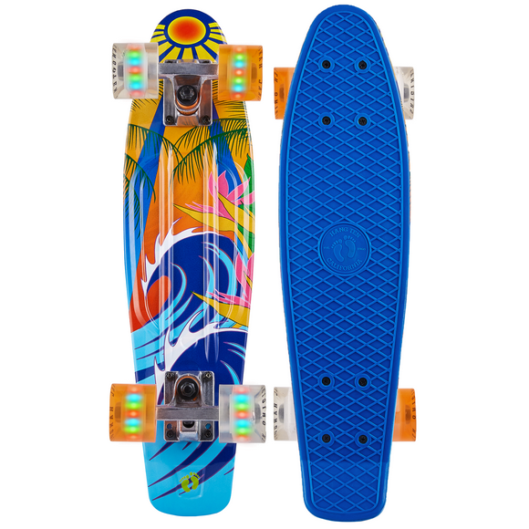 Hang Ten 22" x 5.5" Retro Cruiser Complete Skateboard- LED Light Up Wheels, Ages 5+, 5-Ply Maple Deck, 3.5" Aluminum Trucks, Wheel Diameter 60mm x 45mm, ABEC-3 Bearings