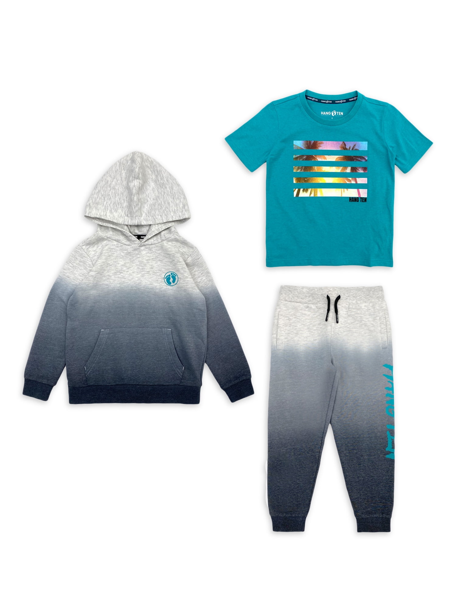 Hang Ten Boy's Fleece Hoodie, Jogger Pant, and Short Sleeve Graphic Tee 3 Piece Outfit Set, Sizes 4-18