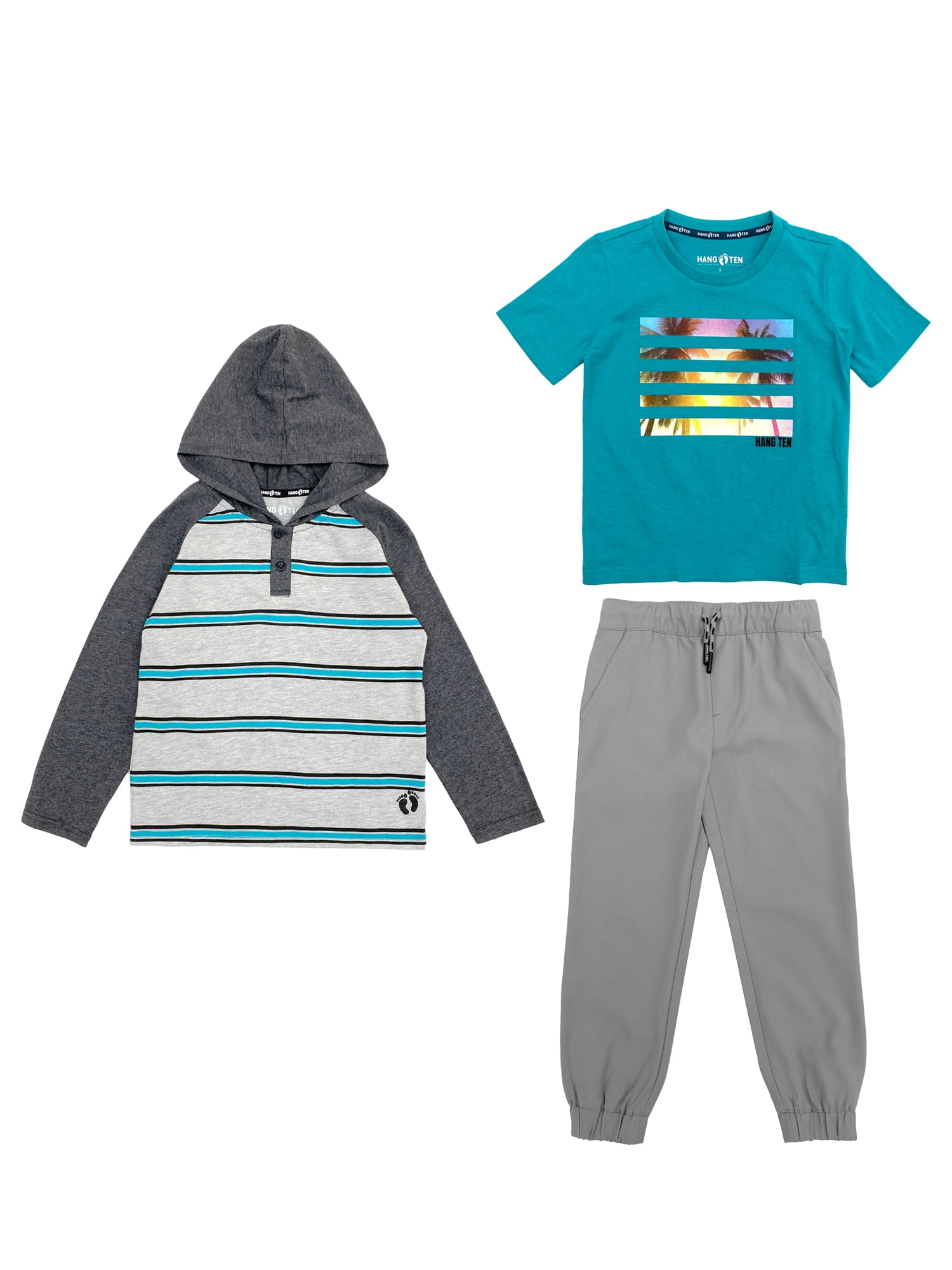 Hang Ten Boys Hooded Raglan Henley, Graphic Tee, and Stretch Woven