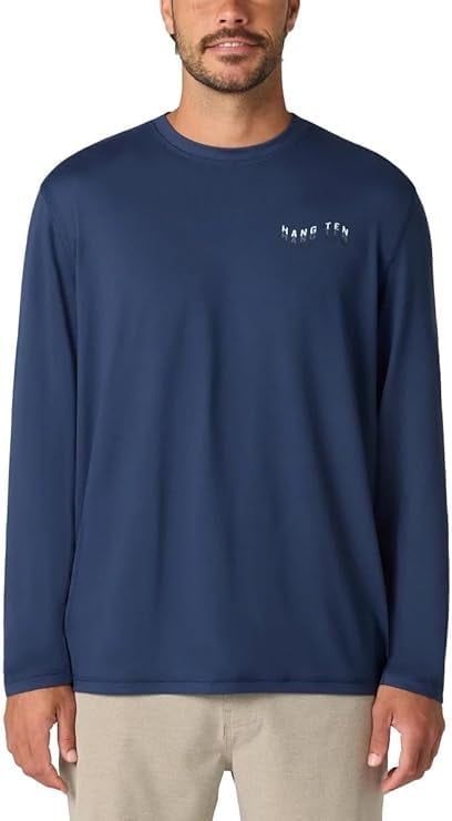 HANG TEN Men's Long Sleeve Sun Tee (US, Alpha, Small, Regular, Coastline, Blue
