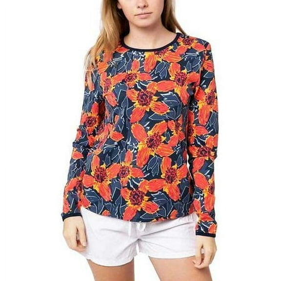 Hang Ten Women Long Sleeve Stretch Rash Guard Shirt UPF 50+ Floral Red XS