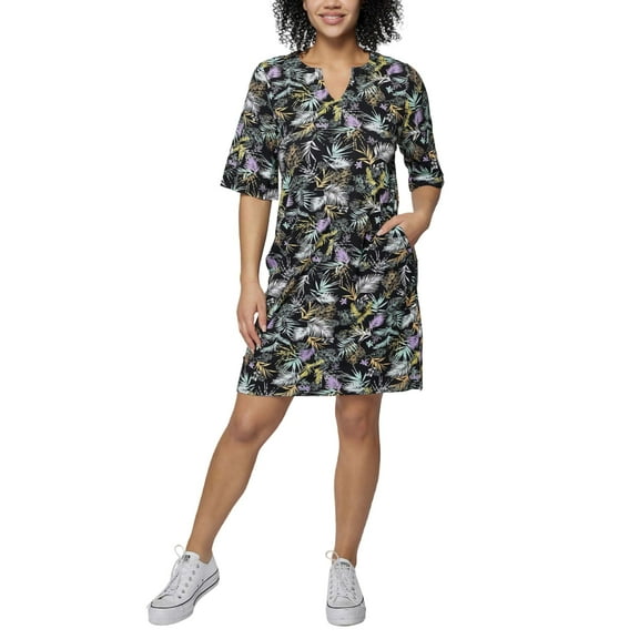 Hang Ten Women's Floral Print UPF 50  Moisture Wicking Soft Cotton Blend Mini Sun Dress (Black, S)