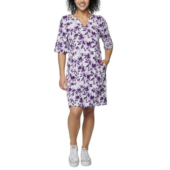 Hang Ten Women's Floral Print UPF 50+ Moisture Wicking Soft Cotton Blend Mini Sun Dress-Purple / XL