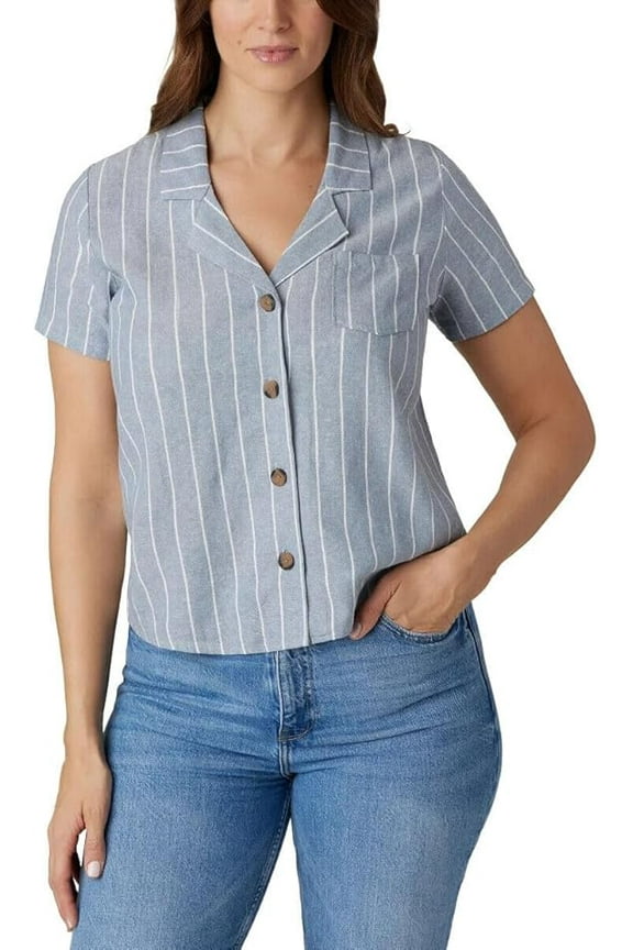 Womens Linen Blend Button Down Shirt Light Blue S