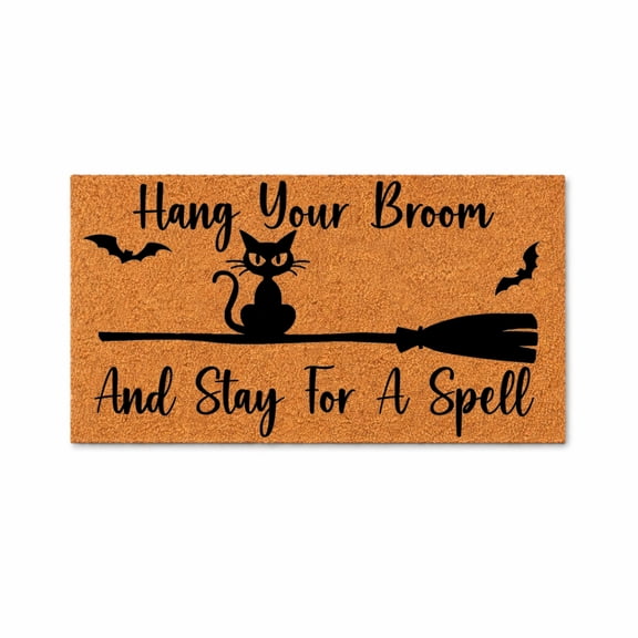 Hang Your Broom And Stay For A Spell Doormat, Witch Broom Cat Bats Design, Halloween Welcome Mat, Front Porch Entry Rug 5497 (36x72 inches) 5497
