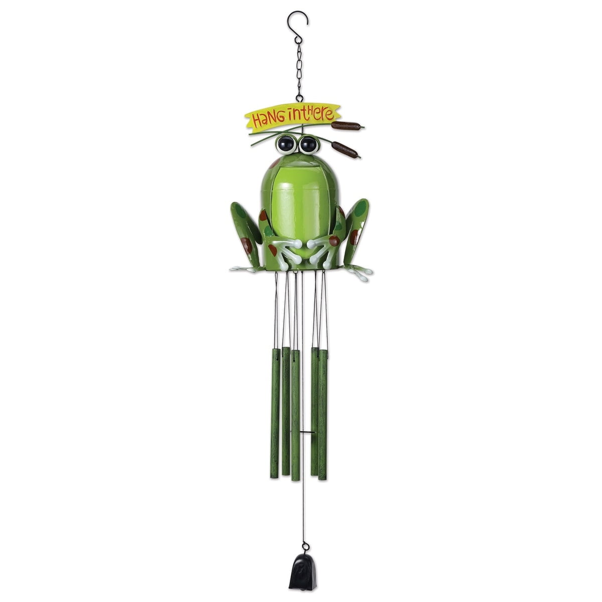 Garden Green Metal Frog Wind Chime with Hang in There Sign