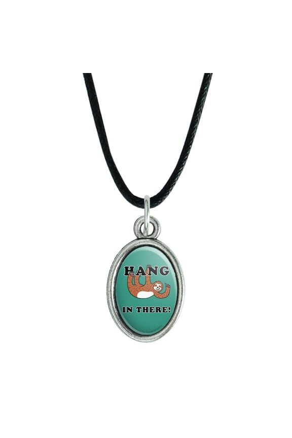 Hang in There Sloth Funny Humor Antiqued Oval Charm Pendant with Black Satin Cord