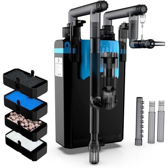 Hang on Back Aquarium Filter for Small Fish Tanks 4-Stage Filtration 198 GPH Adjustable Flow Rainfall Duckbill and Direct Flow Outlets Size L