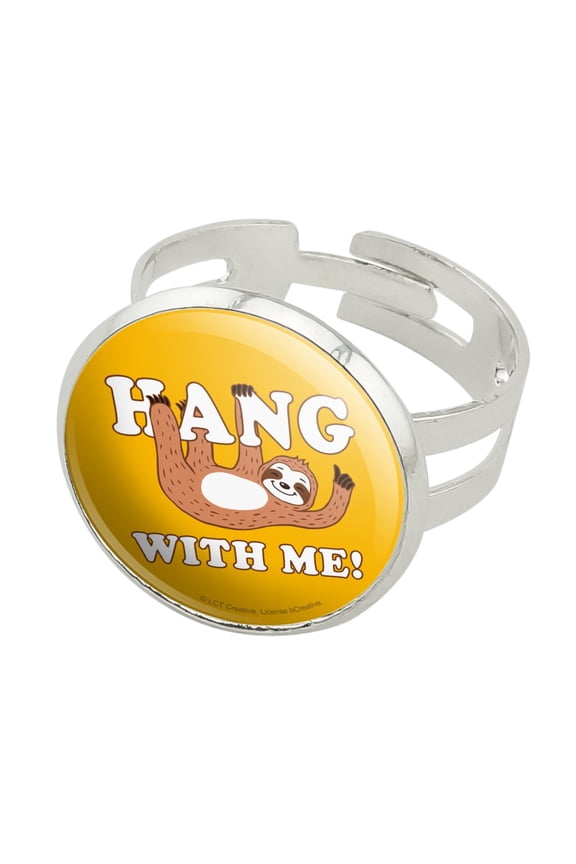 Hang with Me Sloth Hanging Funny Humor Silver Plated Adjustable Novelty Ring