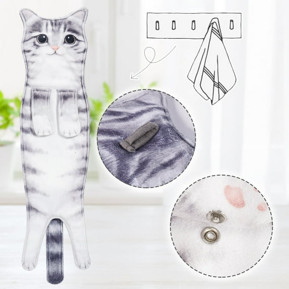 Hangable Cat Themed Hand Towel with Loop for Kitchen or Bathroom Realistic Textured Absorbent Cloth Face Wash Towel for Cat Lovers Home Decor(Gray),Ccwuwei