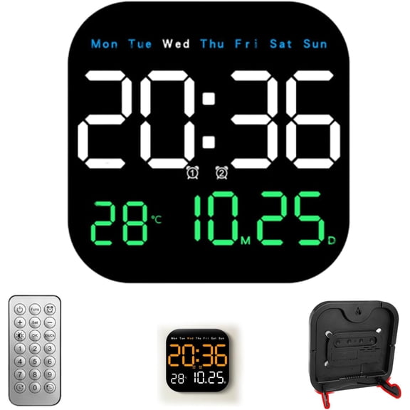 Hangable Freestanding Square Clock, Remote Control, Tabletop Placement, Large LED Display Time, Date, Timer, and Temperature, for Office and Bedroom (3 Colors)