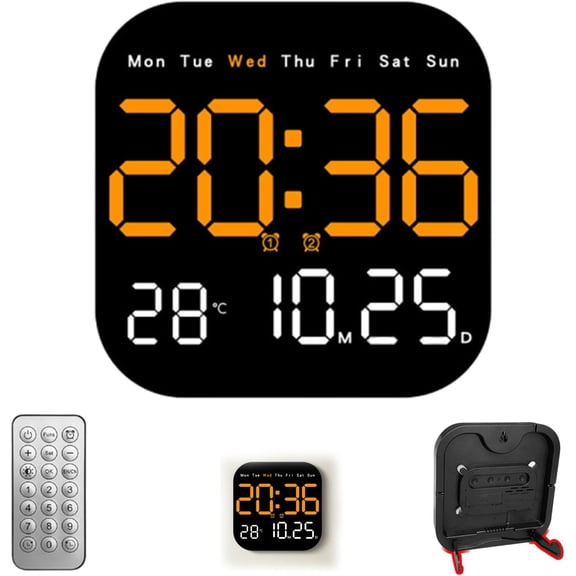 Hangable Freestanding Square Clock, Remote Control, Tabletop Placement, Large LED Display Time, Date, Timer, and Temperature, for Office and Bedroom (Orange)