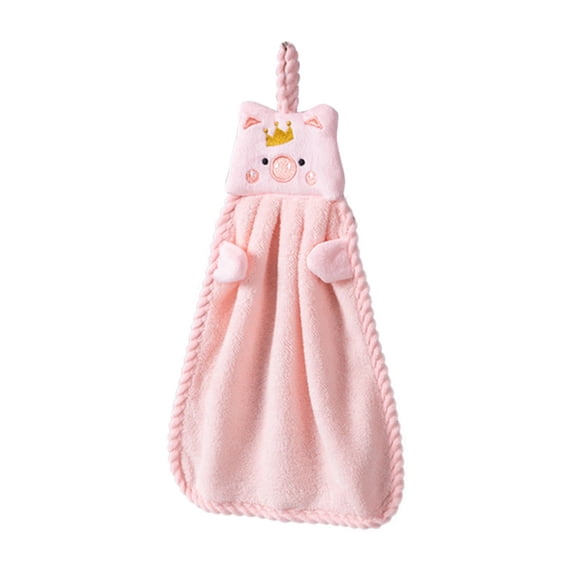 Hangable Hand Towel Cute Piglet Embroidery Absorbent Coral Fleece Hand Cloth Kitchen Hand Wipe Hand Wipe Piglet Towel Pink