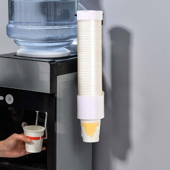Hangable Plastic Water Dispenser with Adhesive Mount - Disposable Cup Holder for Paper or Plastic Cups, 70-Cup Capacity, White, for Office Kitchen Party Use