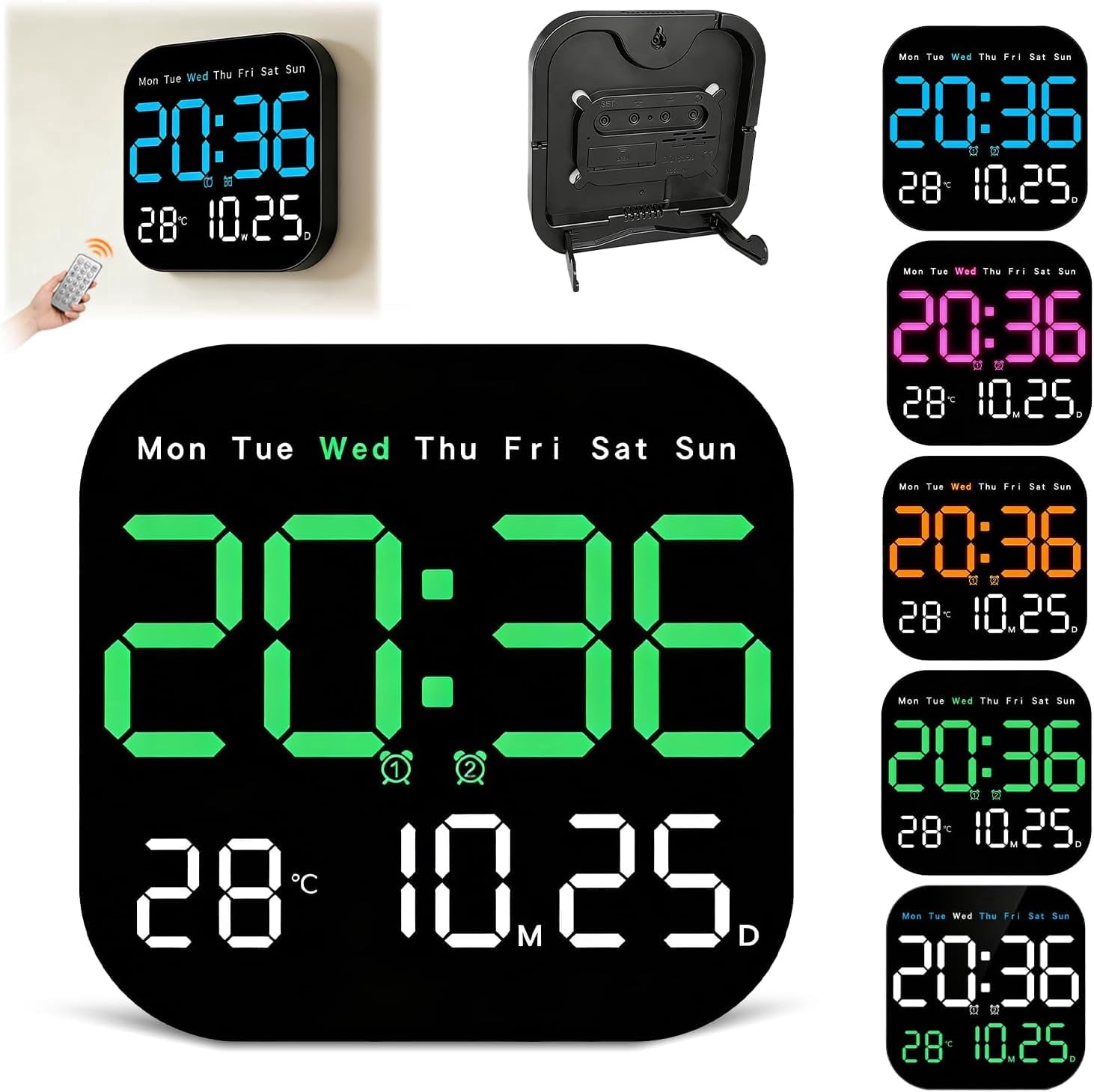 JEBTBFZE Hangable Standalone Square Digital Clock with Remote, LED Auto-Dimming, Temperature, Humidity & Date for Home, Office
