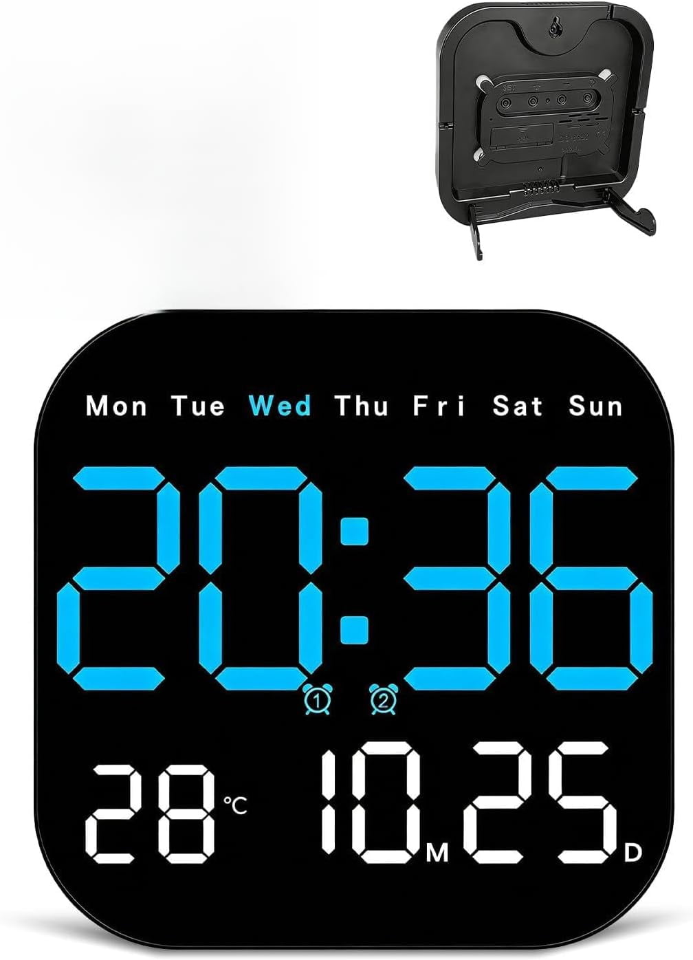 Hangable Standalone Square Clock - Large Digital Wall Clock with Remote, Auto-Dimming LED Display, Indoor Temperature Humidity Date Monitor, Modern Living Room Gadget, Office & Bedroom Decor