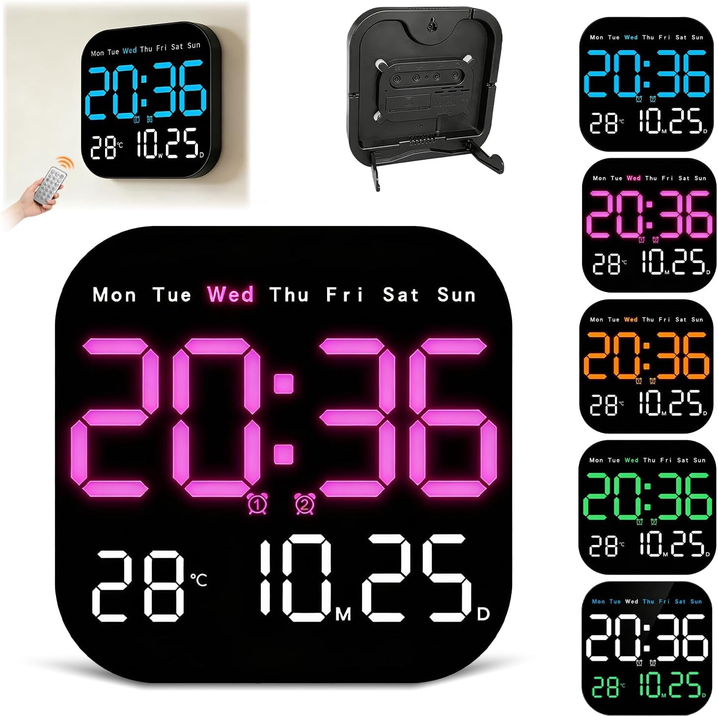 Hangable Standalone Square Clock - Large Digital Wall Clock with Remote, Auto-Dimming LED Display, Indoor Temperature Humidity Date Monitor, Modern Living Room Gadget, Office & Bedroom Decor