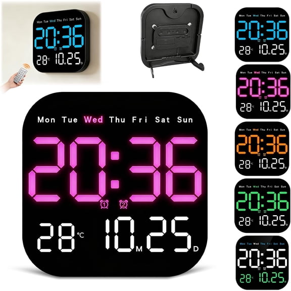 Hangable Standalone Square Clock - Large Digital Wall Clock with Remote, Auto-Dimming LED Display, Indoor Temperature Humidity Date Monitor, Modern Living Room Gadget, Office & Bedroom Decor