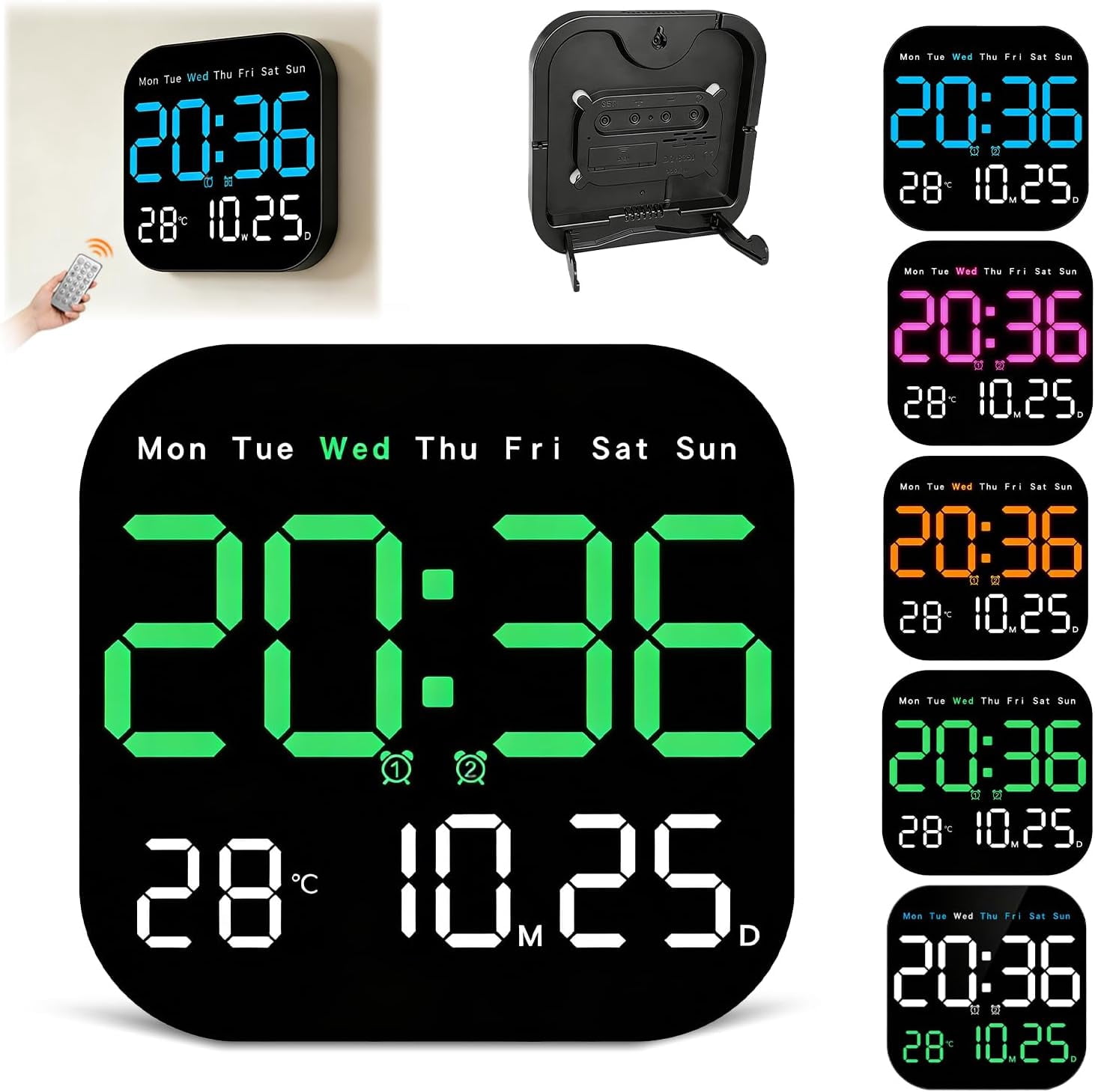 Hangable Standalone Square Clock - Large Digital Wall Clock with Remote, Auto-Dimming LED Display, Indoor Temperature Humidity Date Monitor, Modern Living Room Gadget, Office & Bedroom Decor