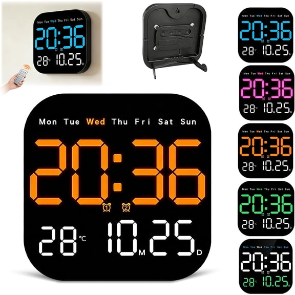 Hangable Standalone Square Clock - Large Digital Wall Clock with Remote, Auto-Dimming LED Display, Indoor Temperature Humidity Date Monitor, Modern Living Room Gadget, Office & Bedroom Decor