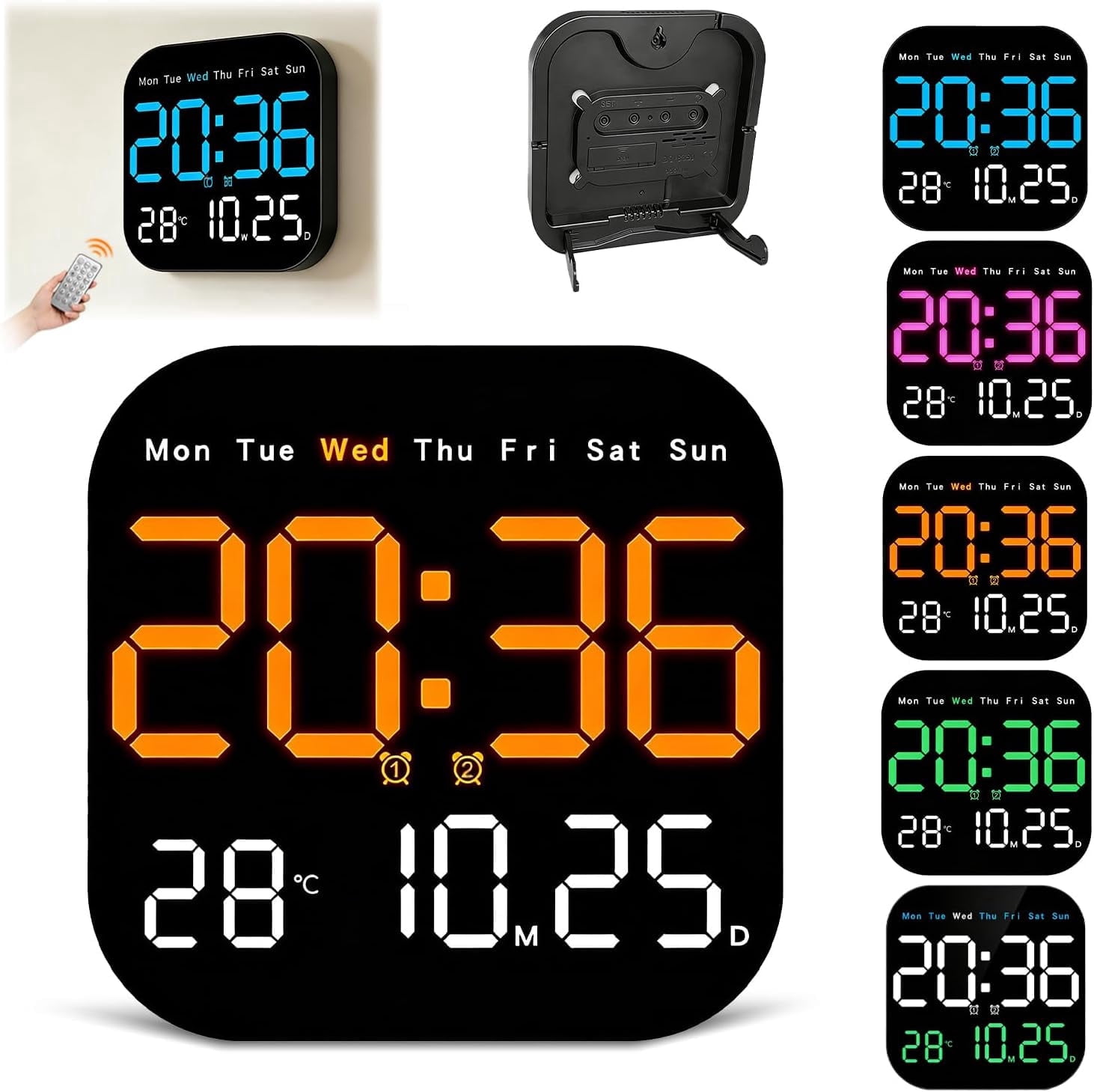 JEBTBFZE Hangable Standalone Square Digital Clock with Remote, LED Auto-Dimming, Temperature, Humidity & Date for Home, Office