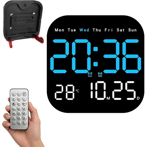 Hangable Standalone Square Clock - Large Digital Wall Clock with Remote Control, Auto-Dimming LED Display, Temperature, Humidity & Date, Big Digital Clock for Home, Office, Bedroom (Bule)