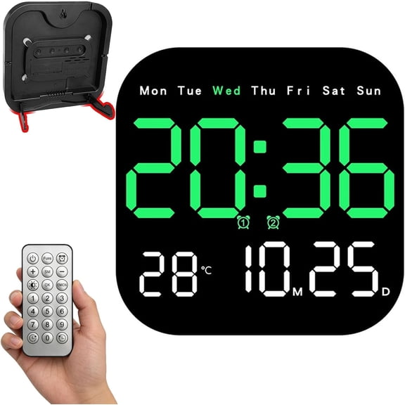 Hangable Standalone Square Clock, Large Digital Wall Clock with Remote Control, Auto-Dimming LED Display with Temperature Humidity Date for Home Office Bedroom (Green)