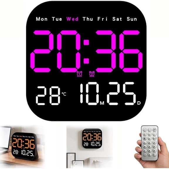 Hangable Standalone Square Clock, Large Digital Wall Clock with Remote Control, Auto-Dimming LED Display with Temperature Humidity Date for Home Office Bedroom (Purple)