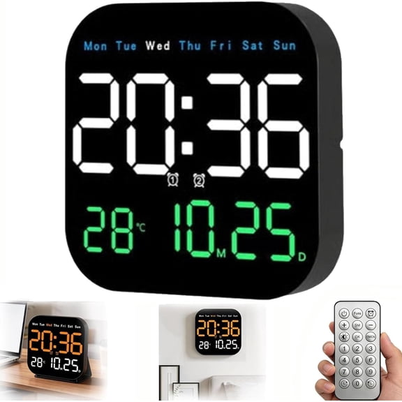 Hangable Standalone Square Clock, Large Digital Wall Clock with Remote Control, Auto-Dimming LED Display with Temperature Humidity Date for Home Office Bedroom (White)