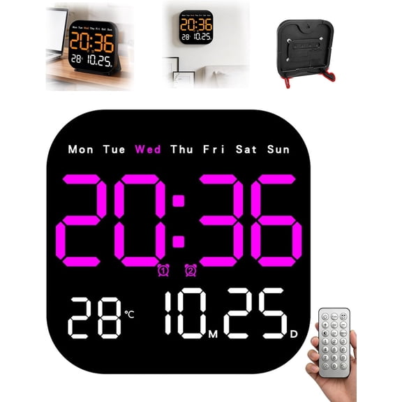 Hangable Standalone Square Clock, with Remote Control for Both Wall-Mounting and Tabletop Placement, Led Display Time, Date, Timer, and Temperature, for Office and Bedroom (Purple)