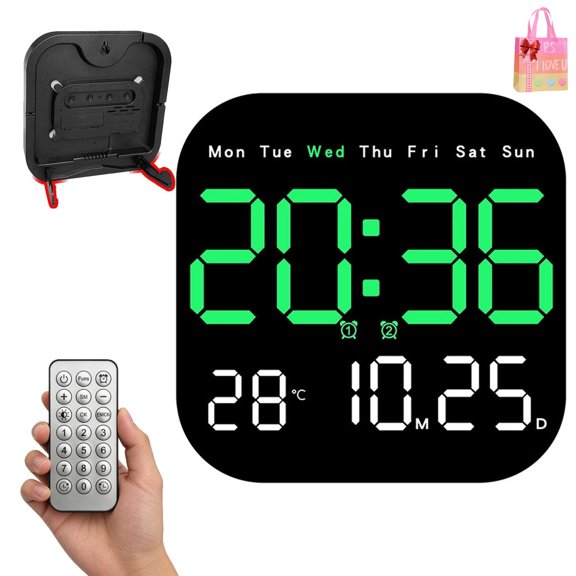 Hangable Standalone Square Clock with Remote Control, Auto-Dimming LED Display with Temperature Humidity Date for Home Office Bedroom
