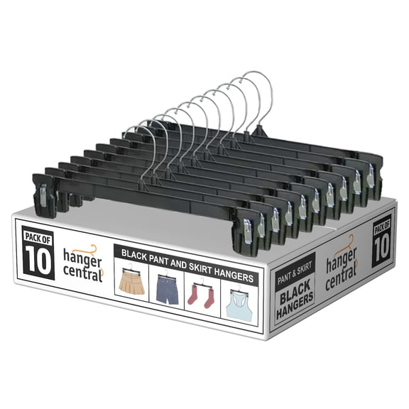 Hanger Central 10 Pack Black Plastic Pants Hangers with Clips 12 inch