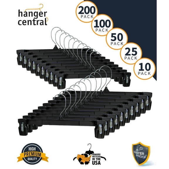 Hanger Central 10 Pack Recycled Black Heavy Duty Plastic Pants & Skirt Bottom Hangers with Plastic Extra Long Pinch Clips and Polished Metal Swivel Hooks, 12 Inch