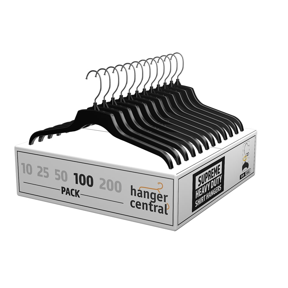 Hanger Central 100 Pack Recycled Black Heavy Duty Plastic Shirt Blouse Garment Hangers with Polished Metal Swivel Hooks, 17 inch